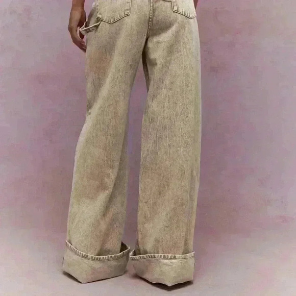 Khaki Casual Women's Washed Folded Hem Straight Leg Jeans - Picture 3 of 4